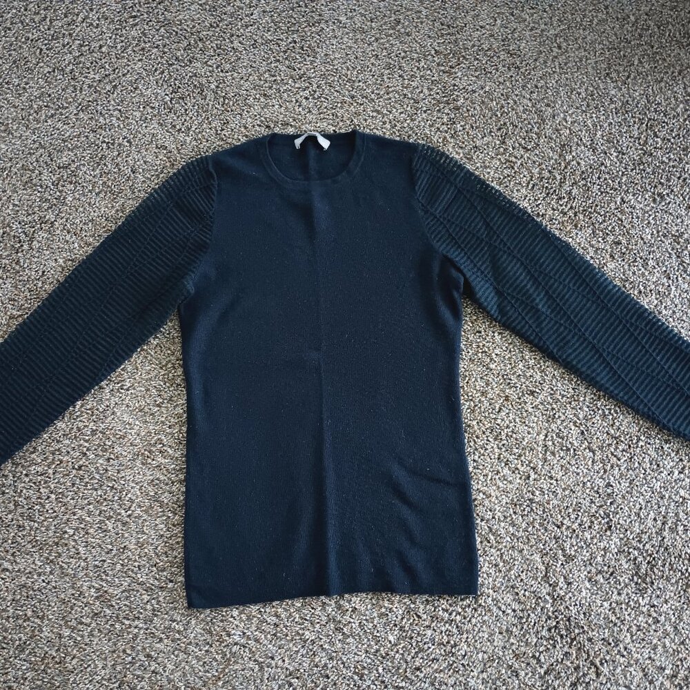 Neiman Marcus The Cashmere Collection Navy Sweater w/Sheer Sleeves. Size S. EUC